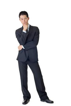 Thinking expression on face of young businessman of Asian, isolated on white background.