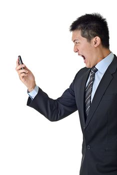 Angry businessman yelling to cellphone on white background.