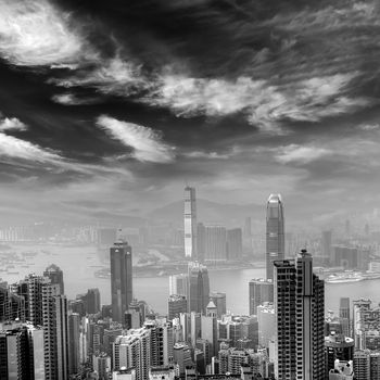 City skyline in Hongkong with black and white tone.