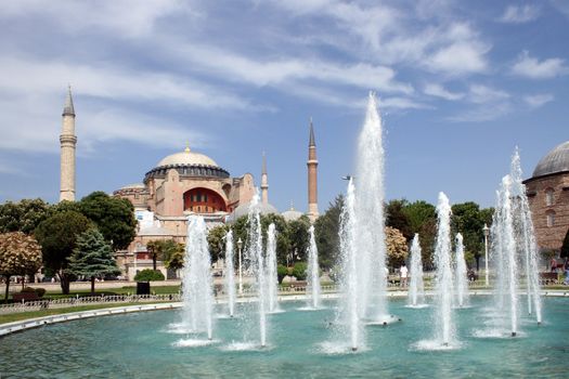 Fountain on background with famous Hagia Sophia in Istanbul