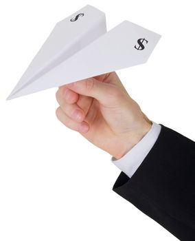 Plane built from paper with sign of the dollar on wing in hand