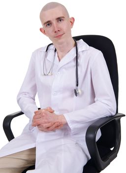 Man in the white doctor's smock on the white background