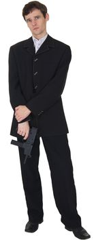 The man in a black suit up in arms on the white background