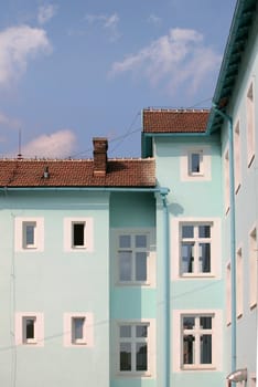 Exterior of building with red roof