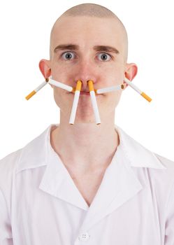 The man with cigarettes on all person on the white background