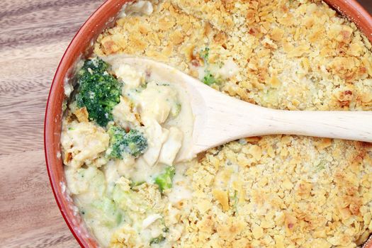 Freshly prepared chicken broccoli casserole. Shallow DOF.
