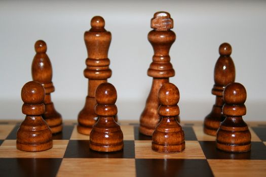 Wooden chess pieces lined up on a chess board.
