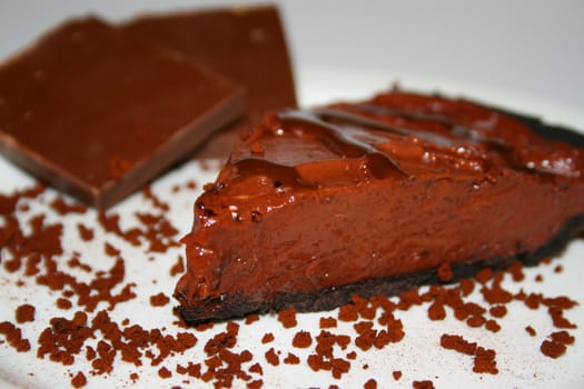 Close up of a chocolate cake on a plate.