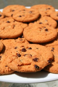 Close up of chocolate chip cookies on a plate.
