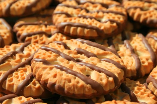 Close up of chocolate striped shortbread cookies.

