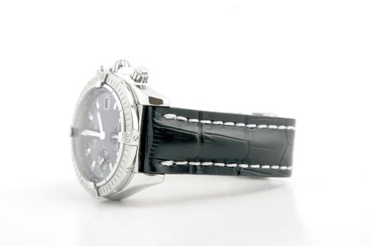 luxury watch, black leather and white gold