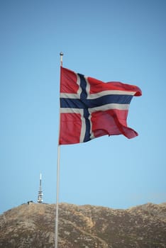 Flag in Norway, Ulriken Bergen in background