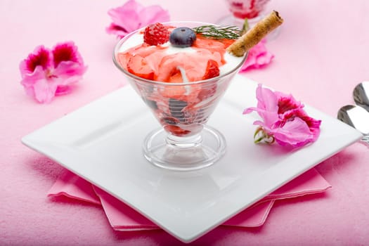 Delicious fresh dessert with pink background