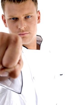 man wearing chef uniform with a forward fist with white background