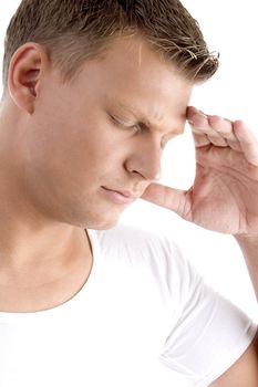 young man in pain on an isolated white background