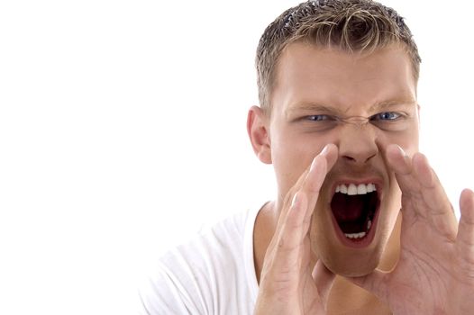 young fellow shouting loudly on an isolated white background