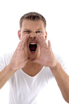 smart caucasian crying loud isolated on white background