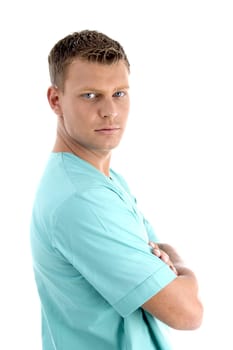 side pose of doctor in uniform on an isolated white background