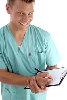 smart surgeon looking at camera with white background