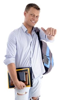 college student with books and backpack on an isolated white background