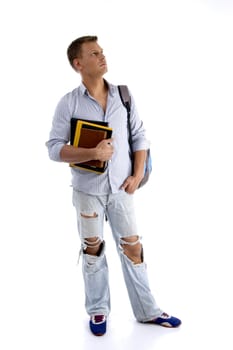 full body pose of student holding his books with white background