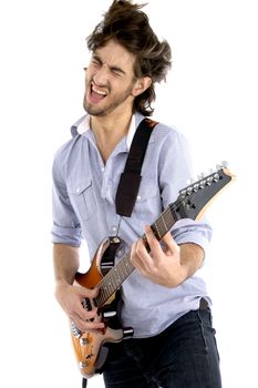 handsome man passionate for music against white background