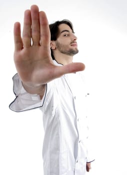 chef with stopping palm with white background