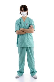 doctor in scrubs and facemask isolated on white background