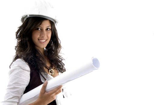 young female architect holding blueprints on an isolated white background