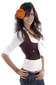 beauty model with gerbera flower on an isolated white background