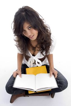 female posing with her opened books with white background