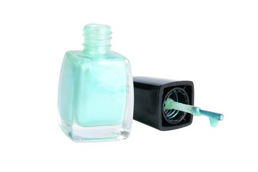 Bottle of blue polish with brush isolated on white (with clipping path)