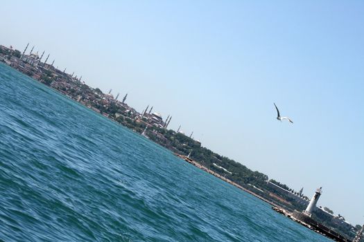 The view of Blue Mosque and Hagia Sofia after across Bosporus. Istanbul, Turkey