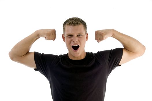 portrait of muscular male against white background