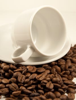 White china cup on roasted coffee beans. Selective focus