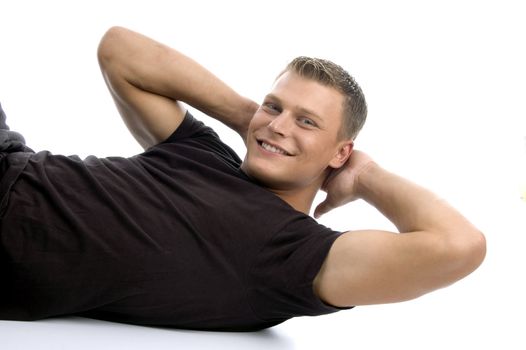 man doing crunches on an isolated white background