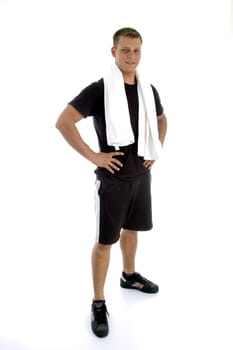 standing smiling man with towel on an isolated background