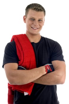 crossed arms man with towel with white background