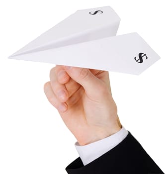 Male hand holding airplane of dollar photographed on a white background