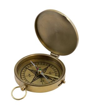 vintage brass pocket compass isolated on white