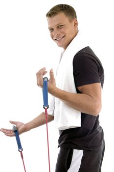 side view of exercising man on an isolated white background