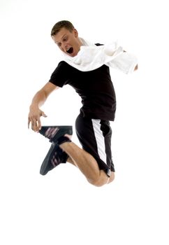 jumping man looking his shoes on an isolated background