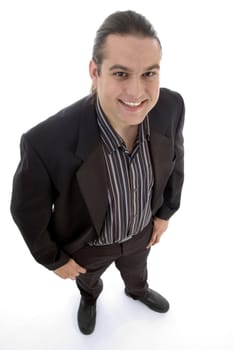 smiling man looking upward against white background