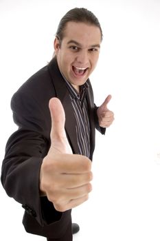 happy businessman wishing goodluck against white background