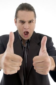 lawyer with thumbs up hand gesture against white background