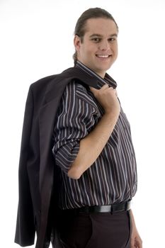 attorney holding his coat at back isolated on white background