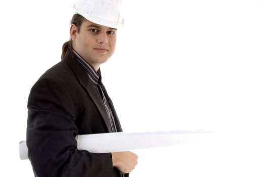 young architect holding blueprints on an isolated white background