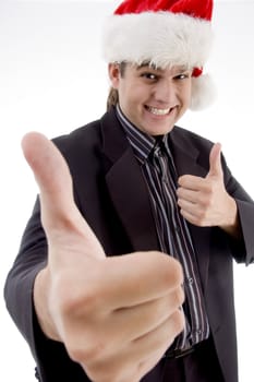 businessman in christmas hat wishing goodluck on an isolated white background