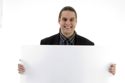corporate man holding placard with white background