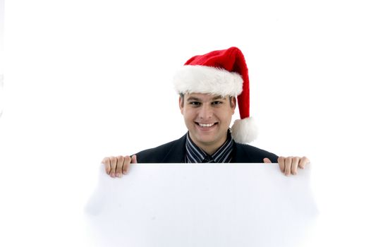 accountant in christmas hat holding placard on an isolated white background